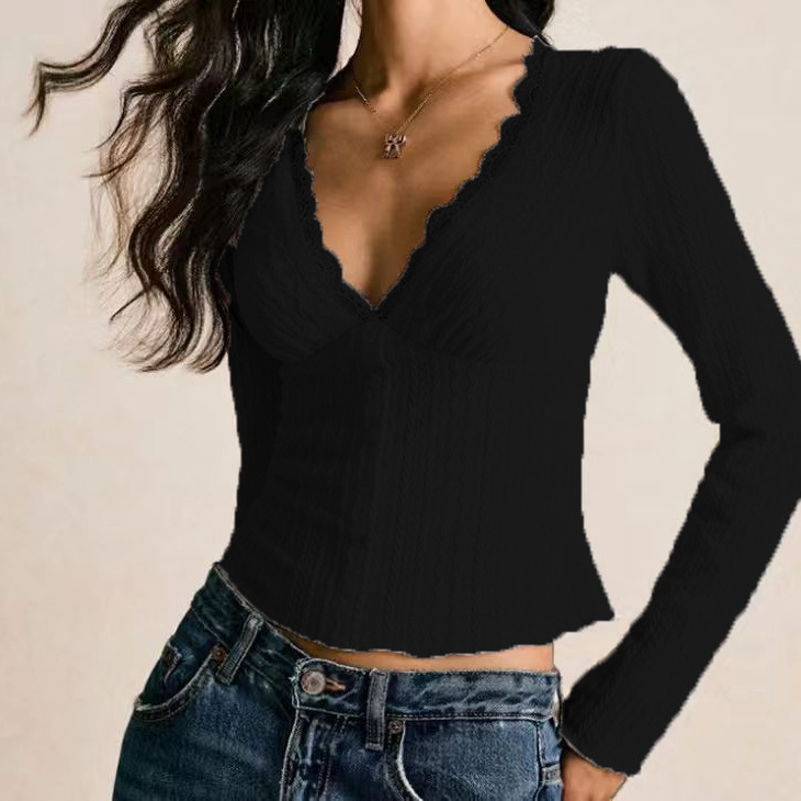 Top damă slim cu decolteu în V și mâneci lungi, din poliester, lungime medie, sezon toamnă-iarnă