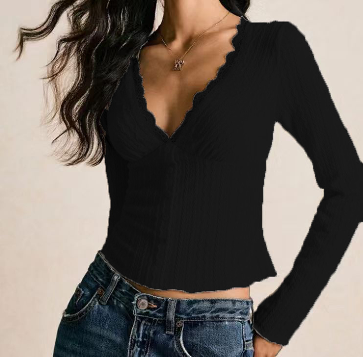 Top damă slim cu decolteu în V și mâneci lungi, din poliester, lungime medie, sezon toamnă-iarnă