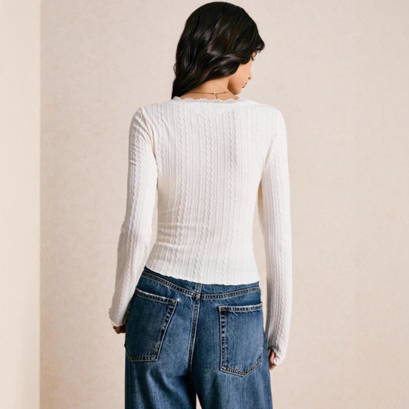 Top damă slim cu decolteu în V și mâneci lungi, din poliester, lungime medie, sezon toamnă-iarnă