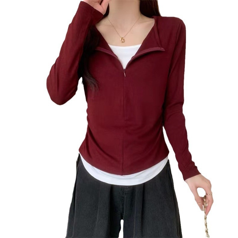 Tricou cu fermoar, mâneci lungi, decolteu în V, poliester, detaliu de colaj