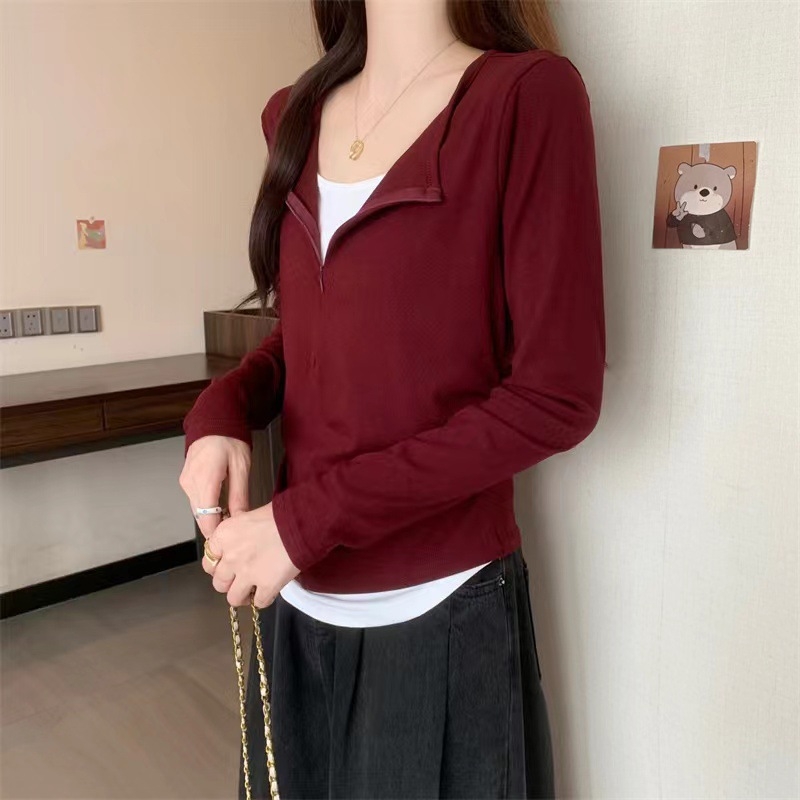 Tricou cu fermoar, mâneci lungi, decolteu în V, poliester, detaliu de colaj