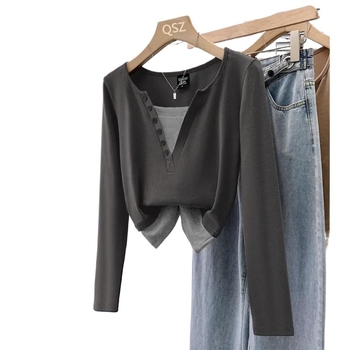 Bavlnené tričko s vrstveným iluzným vzhľadom, malé stojací golier, A-líniový strih