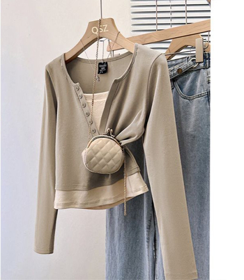 Bavlnené tričko s vrstveným iluzným vzhľadom, malé stojací golier, A-líniový strih