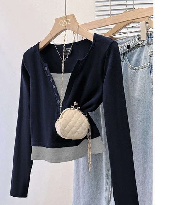 Bavlnené tričko s vrstveným iluzným vzhľadom, malé stojací golier, A-líniový strih