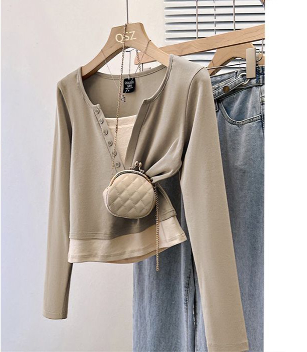 Bavlnené tričko s vrstveným iluzným vzhľadom, malé stojací golier, A-líniový strih