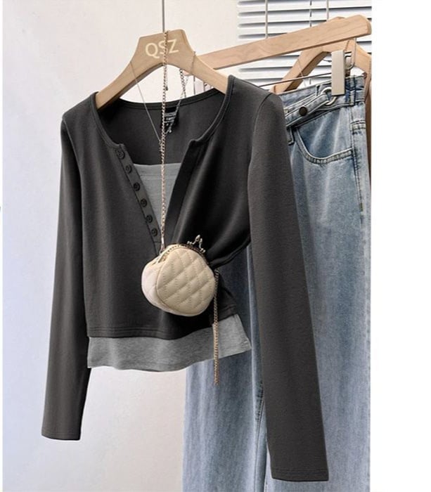 Bavlnené tričko s vrstveným iluzným vzhľadom, malé stojací golier, A-líniový strih