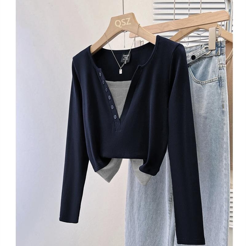 Bavlnené tričko s vrstveným iluzným vzhľadom, malé stojací golier, A-líniový strih