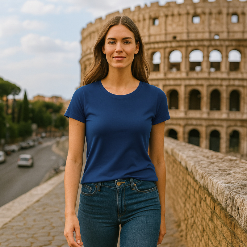 ESSENZIALE MILANO tricou cu decolteu în formă de U și mâneci scurte, amestec din bumbac și elastan, croială 3D, logo tipărit