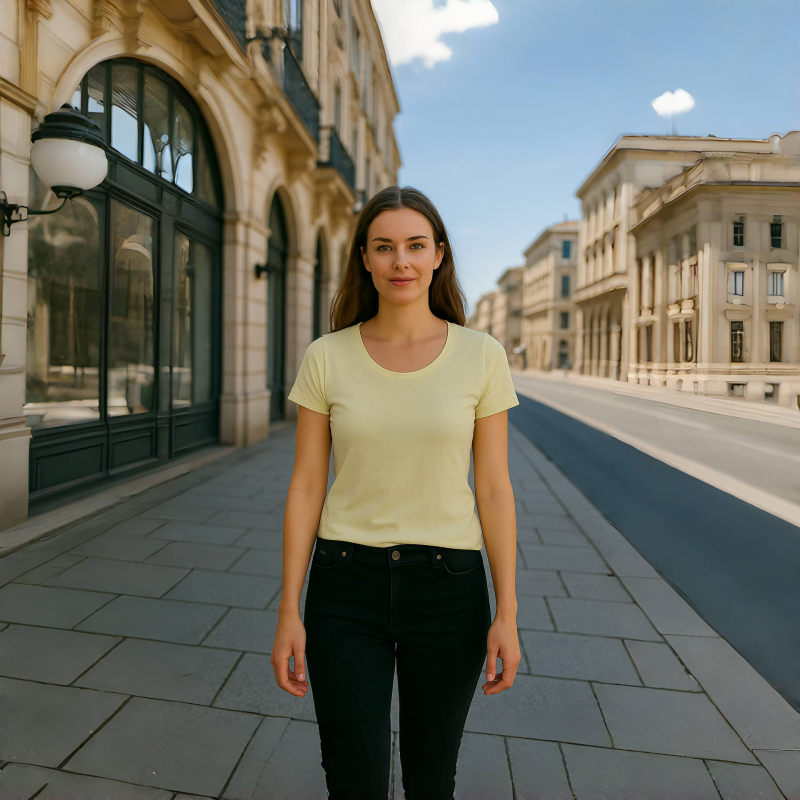 ESSENZIALE MILANO tricou cu decolteu în formă de U și mâneci scurte, amestec din bumbac și elastan, croială 3D, logo tipărit