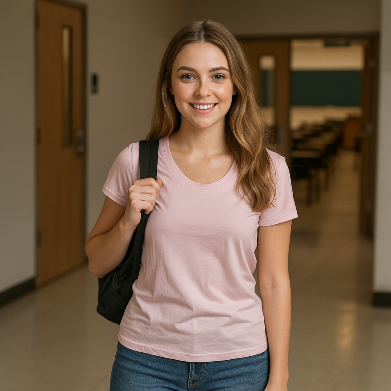 ESSENZIALE MILANO tricou cu decolteu în formă de U și mâneci scurte, amestec din bumbac și elastan, croială 3D, logo tipărit