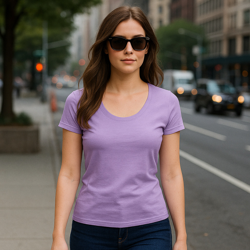 ESSENZIALE MILANO tricou cu decolteu în formă de U și mâneci scurte, amestec din bumbac și elastan, croială 3D, logo tipărit