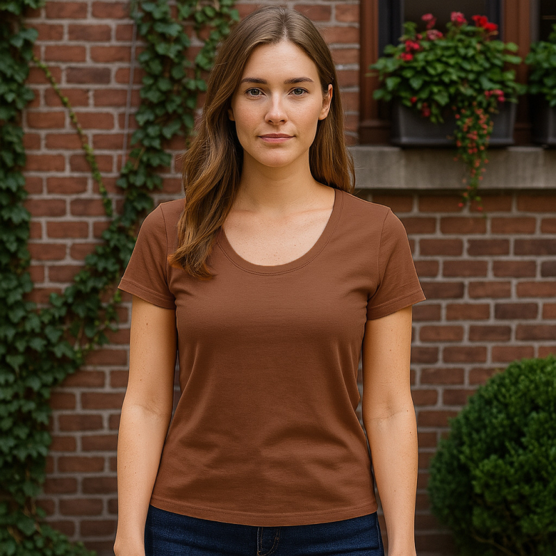 ESSENZIALE MILANO tricou cu decolteu în formă de U și mâneci scurte, amestec din bumbac și elastan, croială 3D, logo tipărit