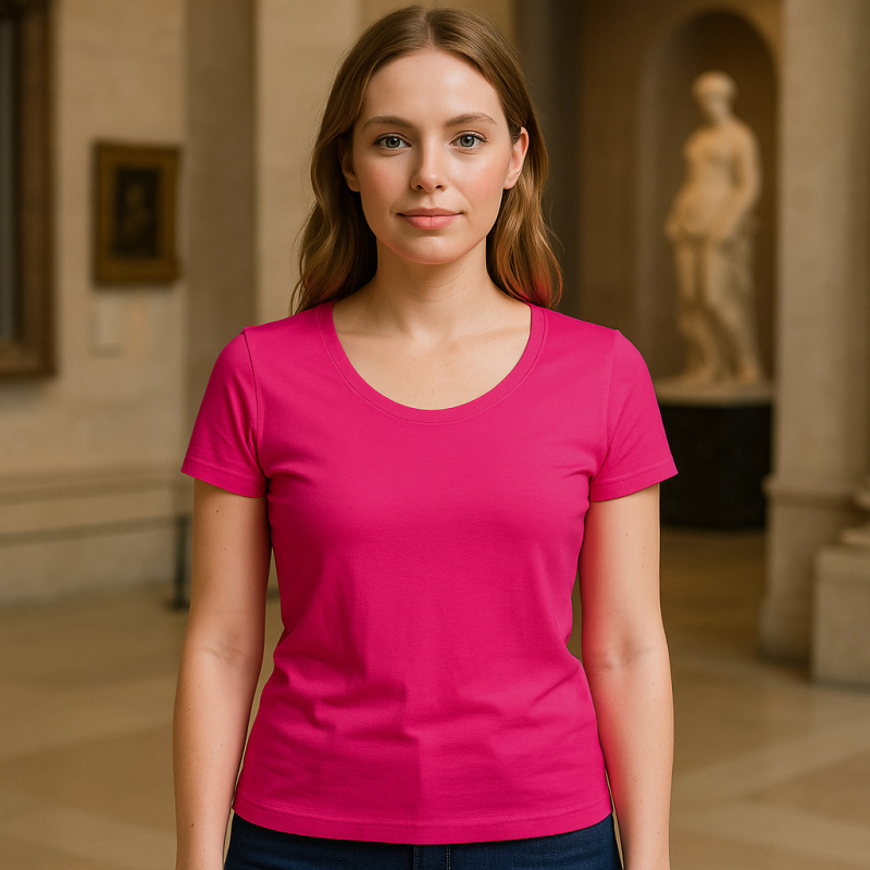 ESSENZIALE MILANO tricou cu decolteu în formă de U și mâneci scurte, amestec din bumbac și elastan, croială 3D, logo tipărit