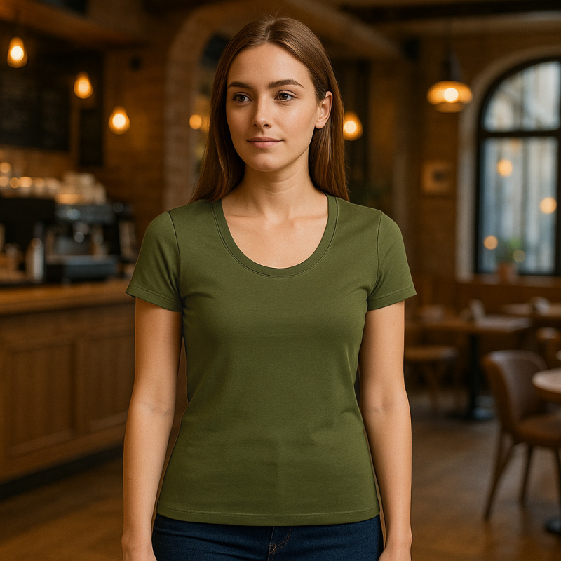 ESSENZIALE MILANO tricou cu decolteu în formă de U și mâneci scurte, amestec din bumbac și elastan, croială 3D, logo tipărit