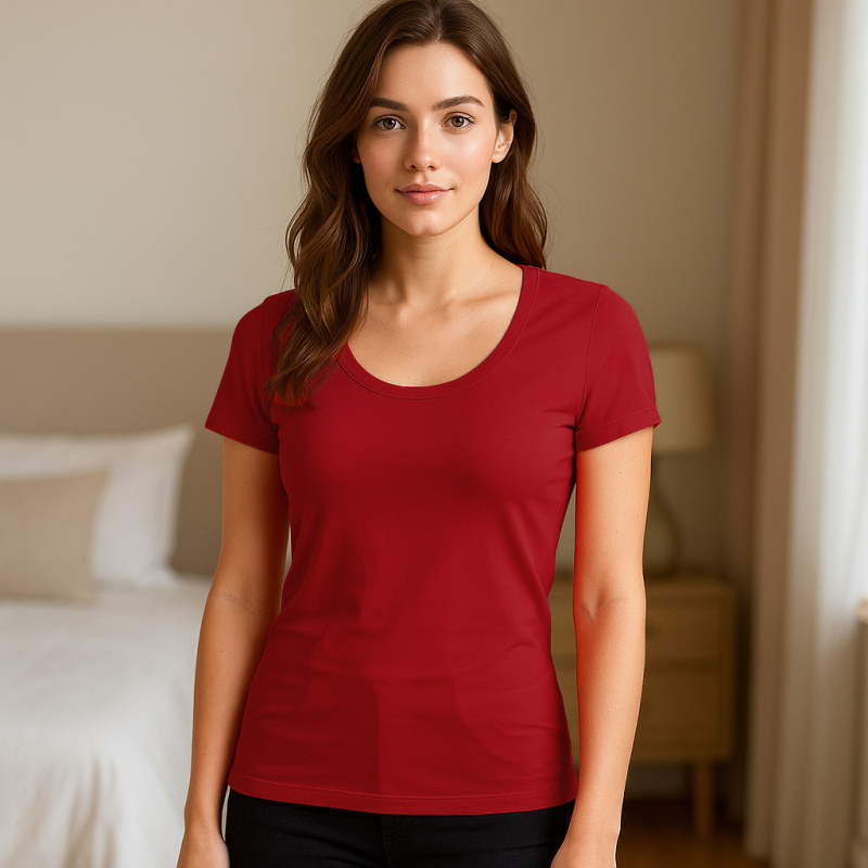 ESSENZIALE MILANO tricou cu decolteu în formă de U și mâneci scurte, amestec din bumbac și elastan, croială 3D, logo tipărit