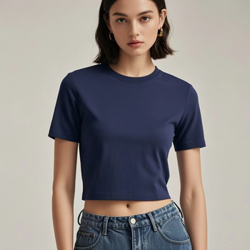 Crop top s desnim ramenom, kratki rukavi, okrugli izrez, uski kroj, 95% pamuk
