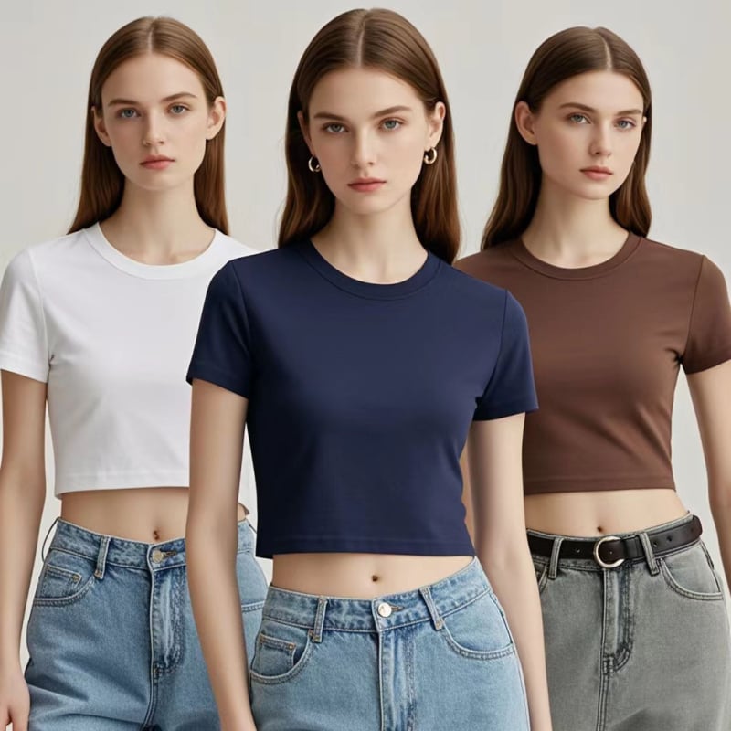 Crop top s desnim ramenom, kratki rukavi, okrugli izrez, uski kroj, 95% pamuk