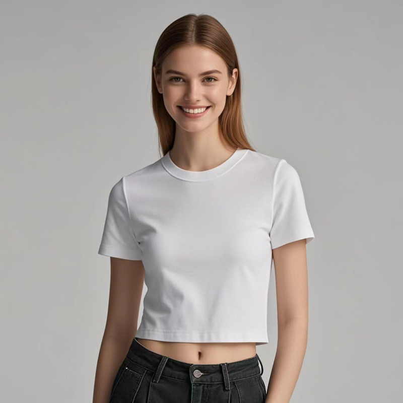 Crop top s desnim ramenom, kratki rukavi, okrugli izrez, uski kroj, 95% pamuk