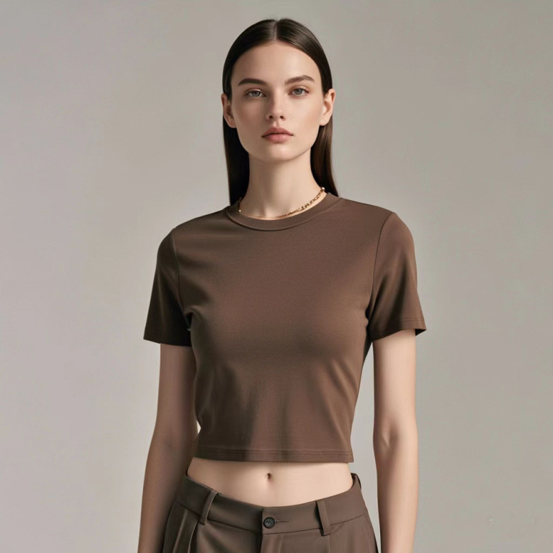 Crop top s desnim ramenom, kratki rukavi, okrugli izrez, uski kroj, 95% pamuk