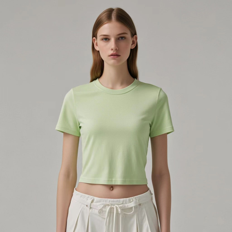 Crop top s desnim ramenom, kratki rukavi, okrugli izrez, uski kroj, 95% pamuk