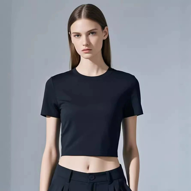 Crop top s desnim ramenom, kratki rukavi, okrugli izrez, uski kroj, 95% pamuk