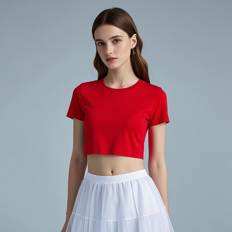 Crop top s desnim ramenom, kratki rukavi, okrugli izrez, uski kroj, 95% pamuk