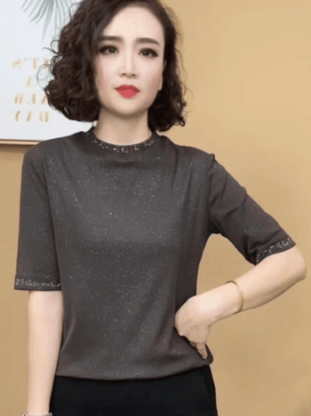 Tricou damă din poliester, mâneci medii, guler rotund, model solid, stil casual