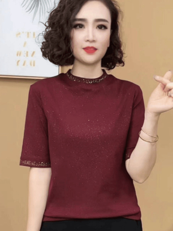 Tricou damă din poliester, mâneci medii, guler rotund, model solid, stil casual