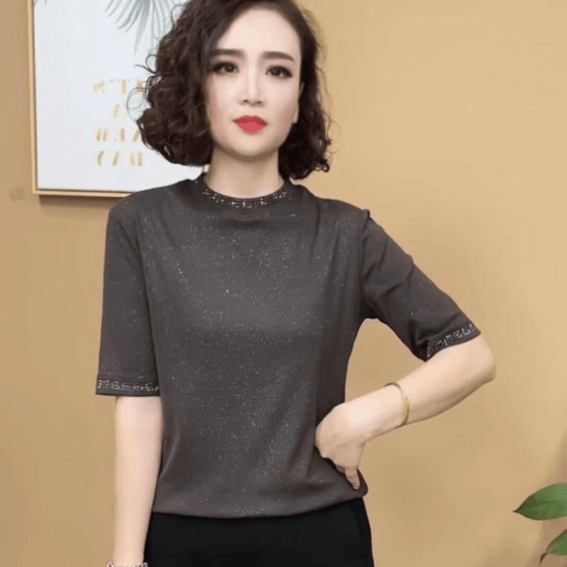 Tricou damă din poliester, mâneci medii, guler rotund, model solid, stil casual