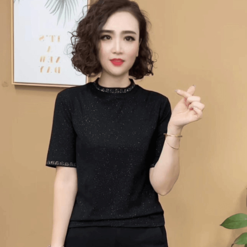 Tricou damă din poliester, mâneci medii, guler rotund, model solid, stil casual