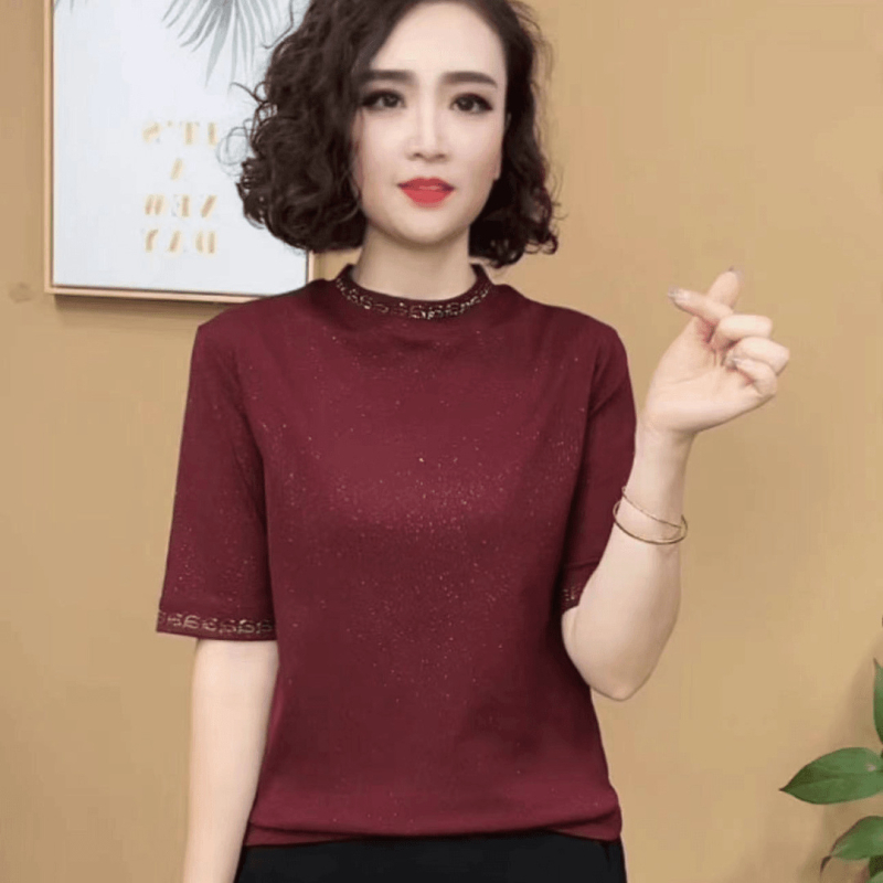 Tricou damă din poliester, mâneci medii, guler rotund, model solid, stil casual