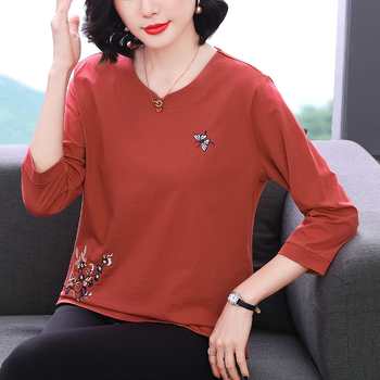 Tricou damă din bumbac-elastan, imprimeu floral, mâneci 3/4, croială lejeră, guler rotund