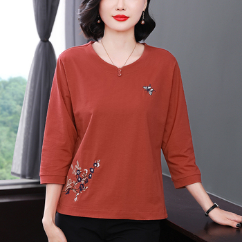 Tricou damă din bumbac-elastan, imprimeu floral, mâneci 3/4, croială lejeră, guler rotund