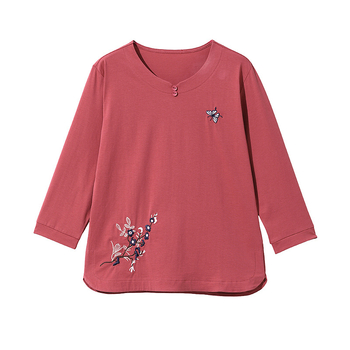 Tricou damă din bumbac-elastan, imprimeu floral, mâneci 3/4, croială lejeră, guler rotund