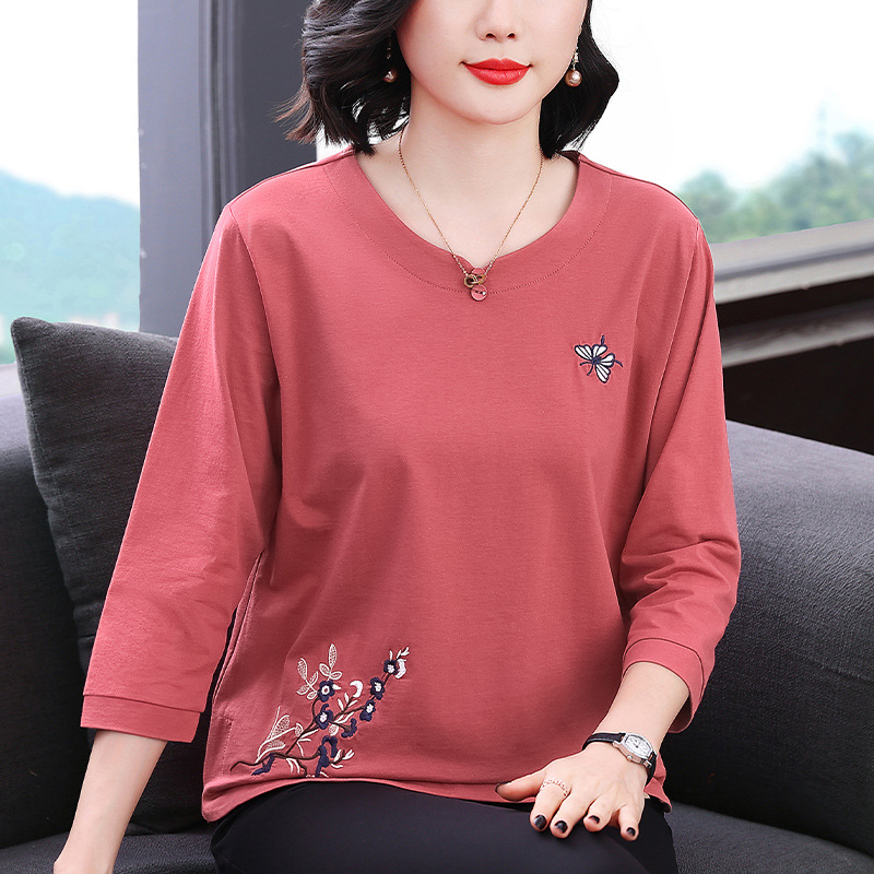 Tricou damă din bumbac-elastan, imprimeu floral, mâneci 3/4, croială lejeră, guler rotund