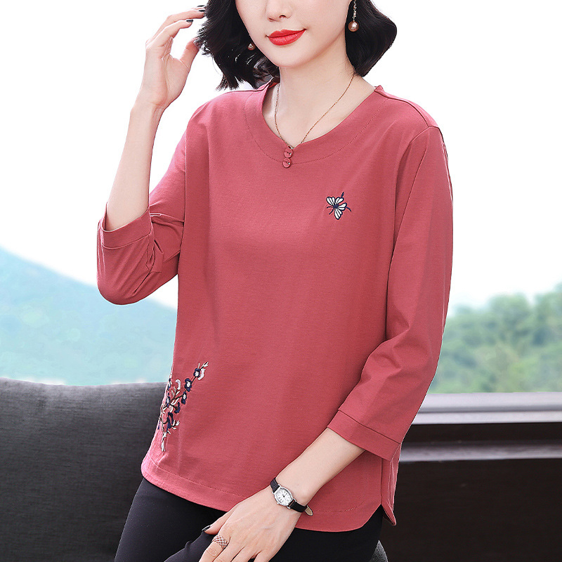 Tricou damă din bumbac-elastan, imprimeu floral, mâneci 3/4, croială lejeră, guler rotund