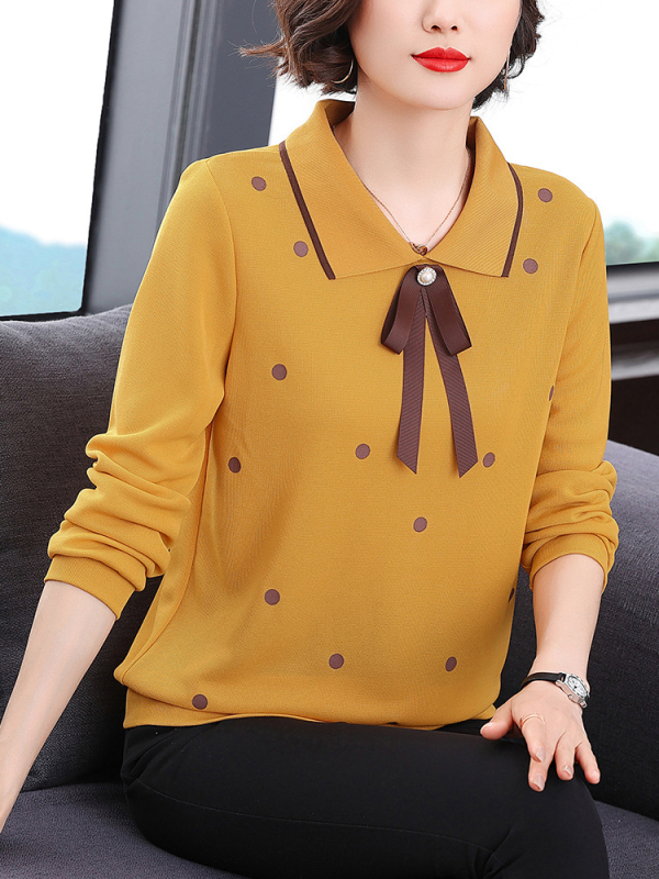 Tricou cu buline, mâneci lungi, croială lejeră, stil pulover, lungime 50–65 cm