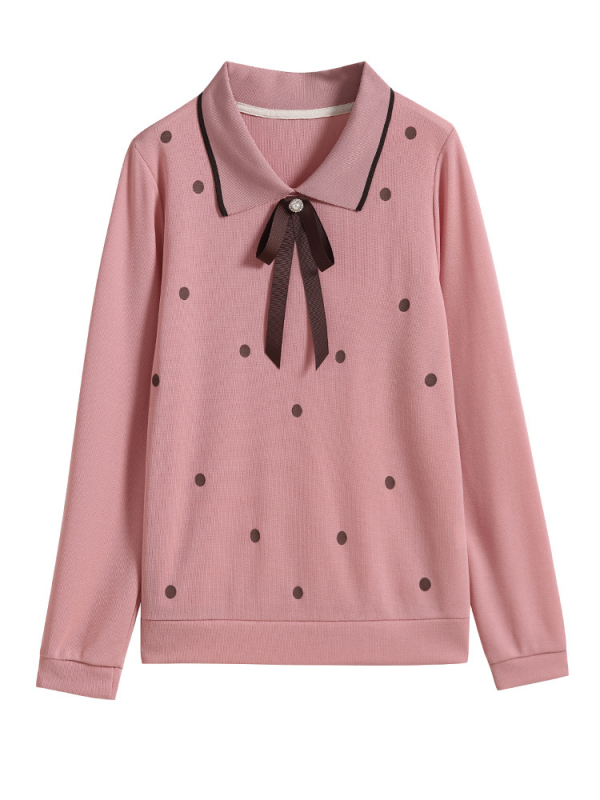 Tricou cu buline, mâneci lungi, croială lejeră, stil pulover, lungime 50–65 cm