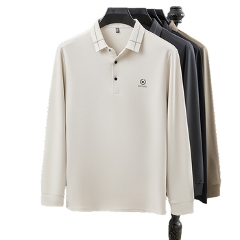 Tricou bărbătesc cu guler tip lapel, mânecă lungă, imprimeu, amestec poliester-viscoză-elastan cu lână de miel, primăvară-toamnă