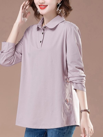 Tricou damă din bumbac cu mânecă lungă, guler polo cu rever, lungime medie, stil urban pulover (bumbac ≥95%)