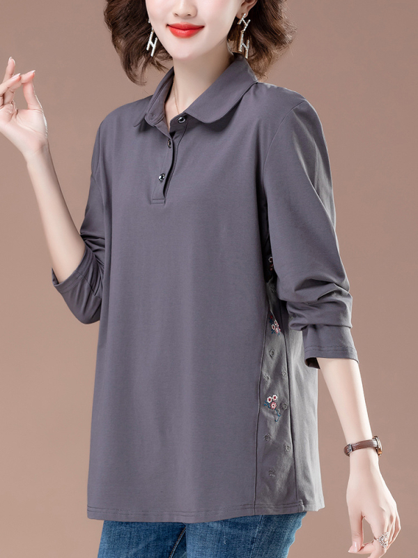 Tricou damă din bumbac cu mânecă lungă, guler polo cu rever, lungime medie, stil urban pulover (bumbac ≥95%)