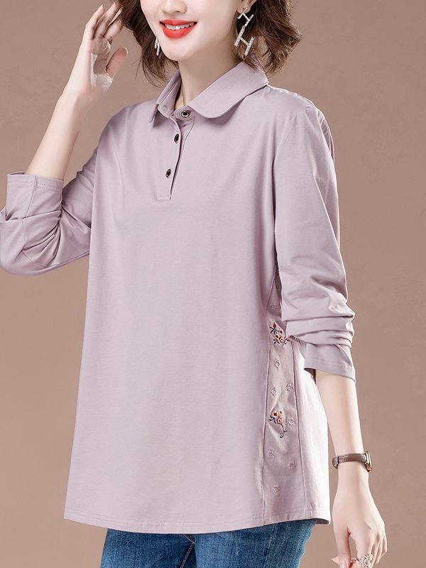 Tricou damă din bumbac cu mânecă lungă, guler polo cu rever, lungime medie, stil urban pulover (bumbac ≥95%)