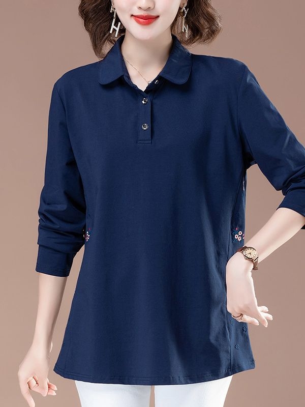 Tricou damă din bumbac cu mânecă lungă, guler polo cu rever, lungime medie, stil urban pulover (bumbac ≥95%)
