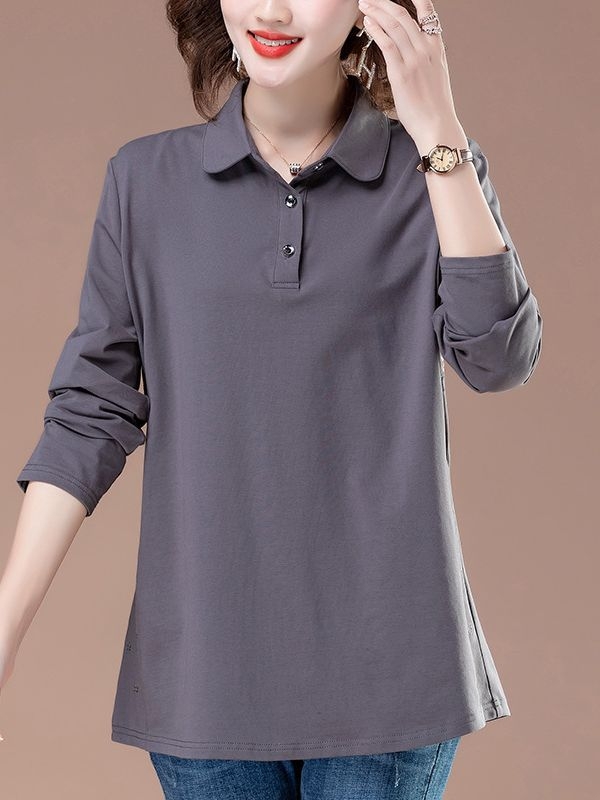 Tricou damă din bumbac cu mânecă lungă, guler polo cu rever, lungime medie, stil urban pulover (bumbac ≥95%)