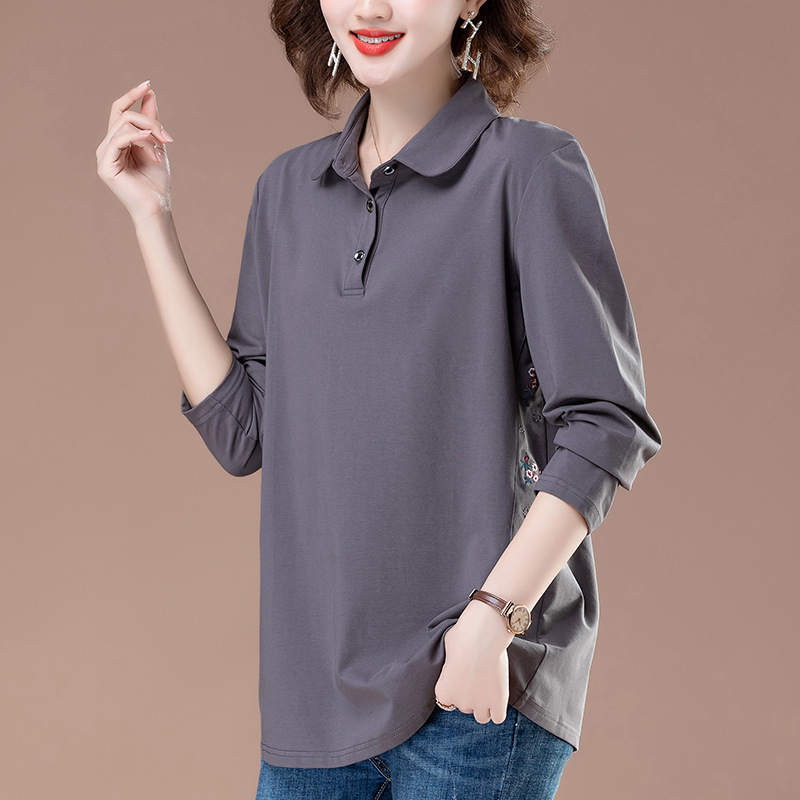 Tricou damă din bumbac cu mânecă lungă, guler polo cu rever, lungime medie, stil urban pulover (bumbac ≥95%)