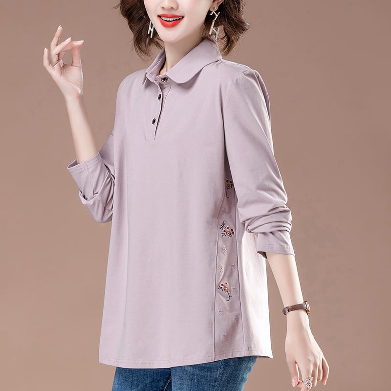 Tricou damă din bumbac cu mânecă lungă, guler polo cu rever, lungime medie, stil urban pulover (bumbac ≥95%)