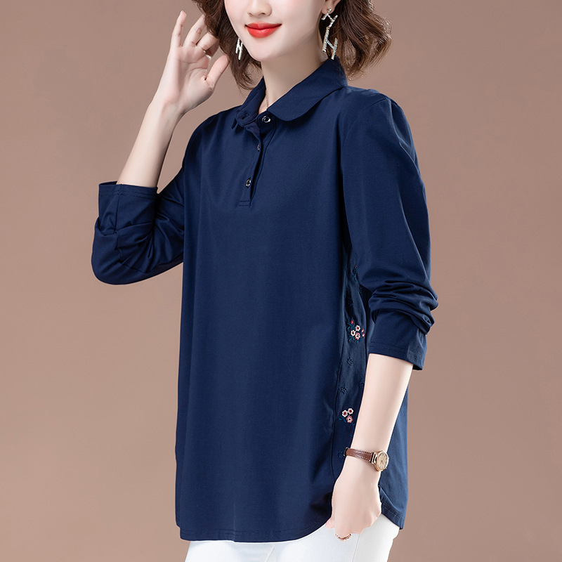 Tricou damă din bumbac cu mânecă lungă, guler polo cu rever, lungime medie, stil urban pulover (bumbac ≥95%)