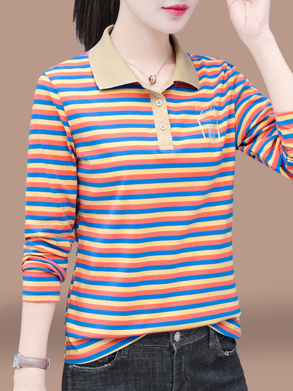 Tricou polo din bumbac, cu mâneci lungi, dungi, toamnă 2025