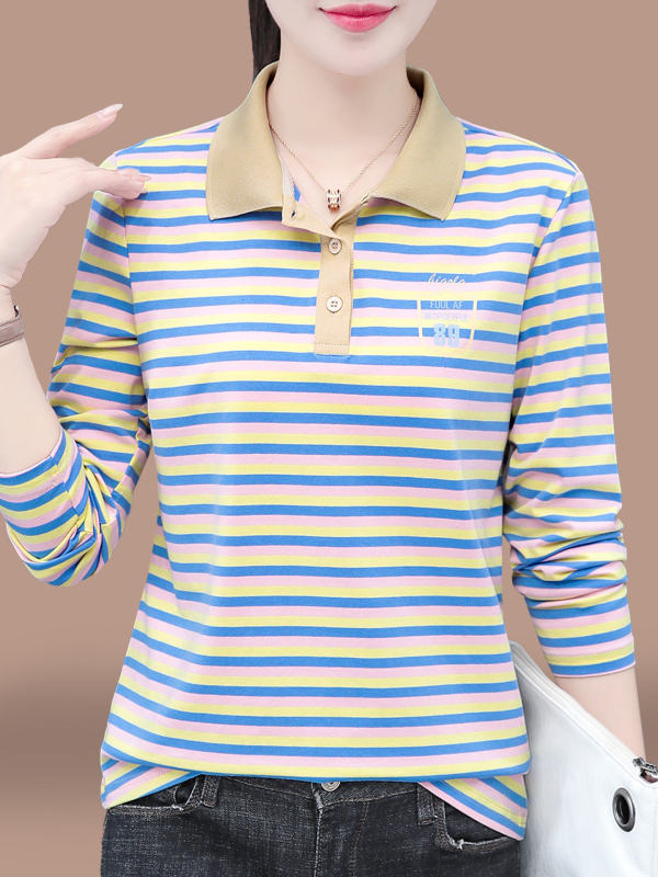 Tricou polo din bumbac, cu mâneci lungi, dungi, toamnă 2025