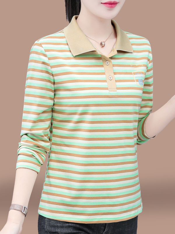 Tricou polo din bumbac, cu mâneci lungi, dungi, toamnă 2025